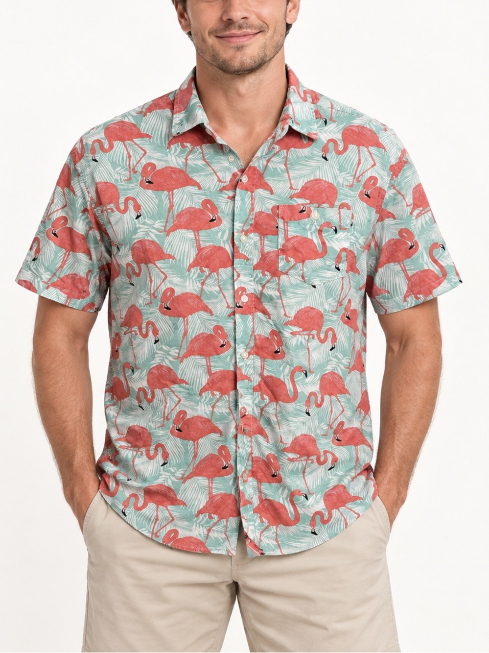 Artistry in Motion Men’s XL Flamingo Tropical Slim-Fit Button-Up Shirt